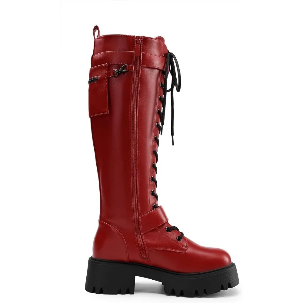 Women's Red DREAM PAIRS Combat Riding Platform Knee-High Boots Lace Up Gothic